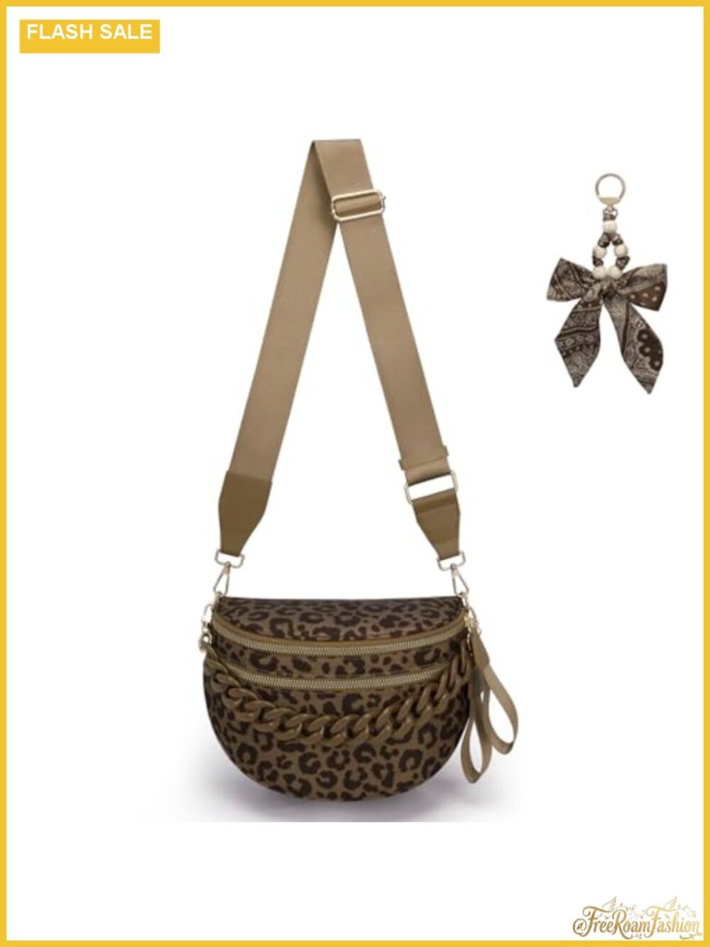 Leopard Nylon Crossbody Bum Bag Double Zip Fanny Pack with Bow Chain